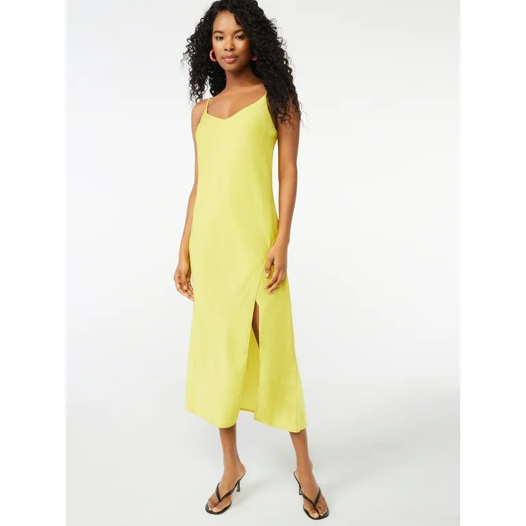 Scoop Women's V-Neck Midi Slip Dress with Slit - Walmart.com | Walmart (US)