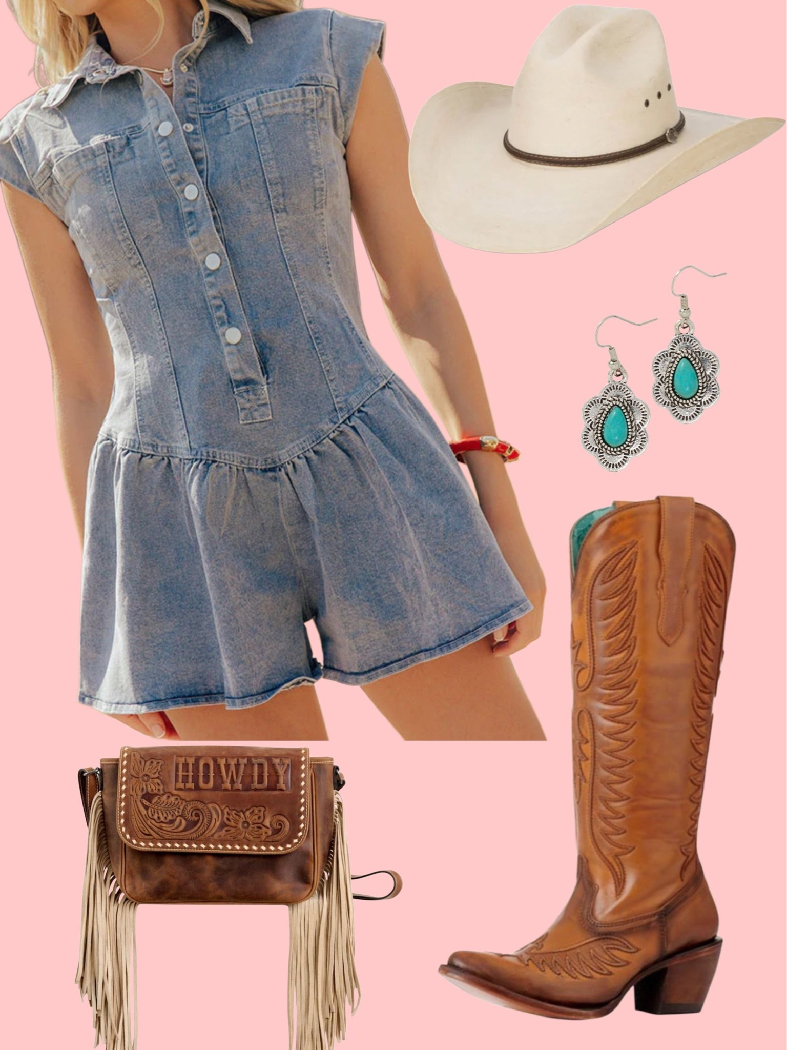Simple summer style; denim romper paired with fringe leather crossbody, cowgirl hat, and cowgirl boots! Boots are on sale 🤩

#LTKootd #LTKSeasonal #LTKSaleAlert