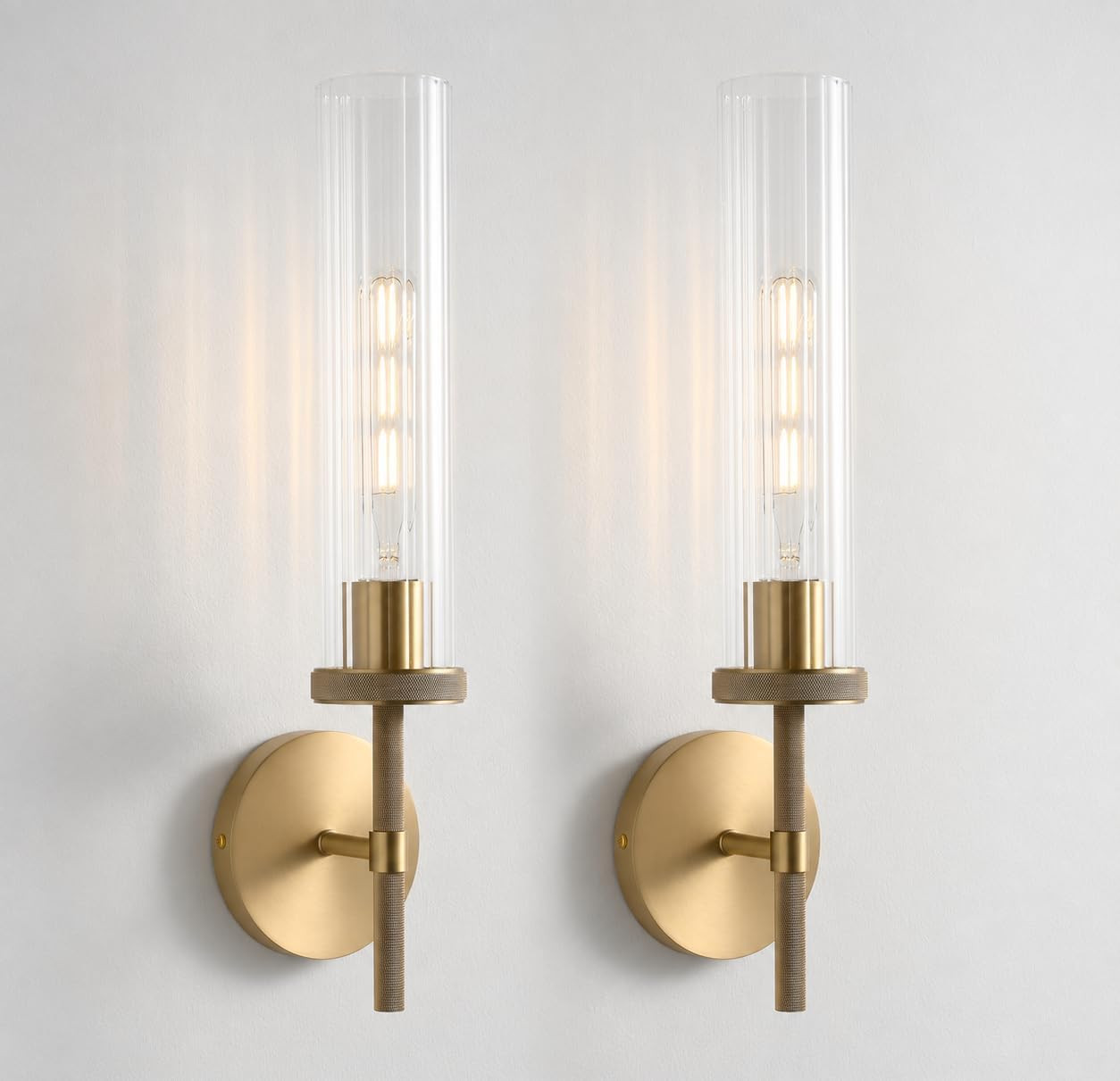 20 Inch Brass Wall Sconces Set of 2 with Ribbed Glass, Brushed Gold Bathroom Sconces (Bulb Included) | Amazon (US)