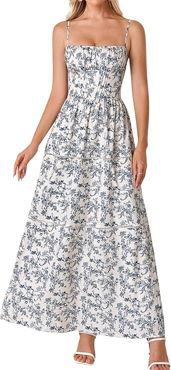 EYNMIN Floral Maxi Corset Dress Spaghetti Strap Flowy A Line Smocked Summer Wedding Guest Dresses... | Amazon (US)