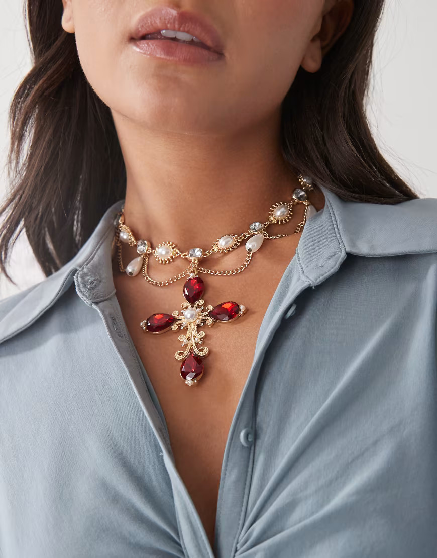 Reclaimed Vintage tangled necklace with cross pendant and stones in gold | ASOS (Global)