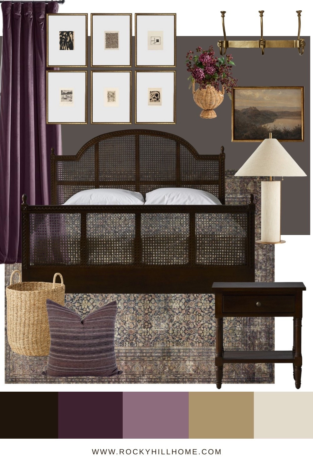 Moody Purple Bedroom Mood Board
Dark cane bed, purple velvet curtains, plum pillows, light beige modern lamp from Crate and Barrel, basket, artwork from Etsy, and Loloi Amber Lewis rug

#LTKHome