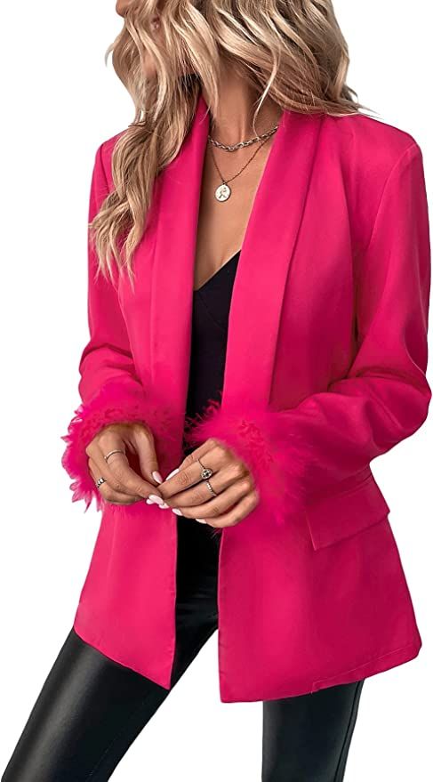 MakeMeChic Women's Fuzzy Cuff Single Button Lapel Collar Long Sleeve Blazer Jacket Coat | Amazon (US)