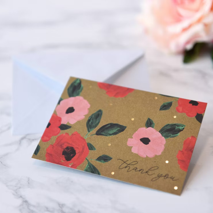 50ct Kraft Thank You Peony Cards Pink/Red | Target