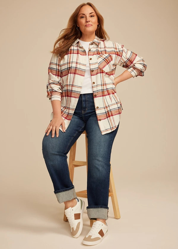 Plus Size Cabin Plaid Boyfriend Tunic Button Down Shirt | Maurices