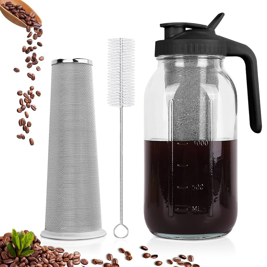 Cold Brew Coffee Maker,64 oz Mason Jar Pitcher with Stainless Steel Filter, Pour Spout Handle Lid... | Amazon (US)