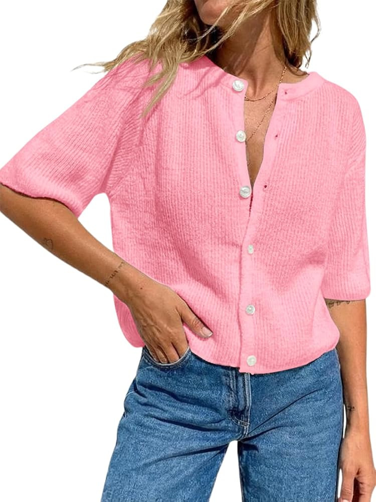 Fisoew Womens Short Sleeve Cropped Cardigan Sweaters Button Down Lightweight Knit Blouse Tops Cas... | Amazon (US)