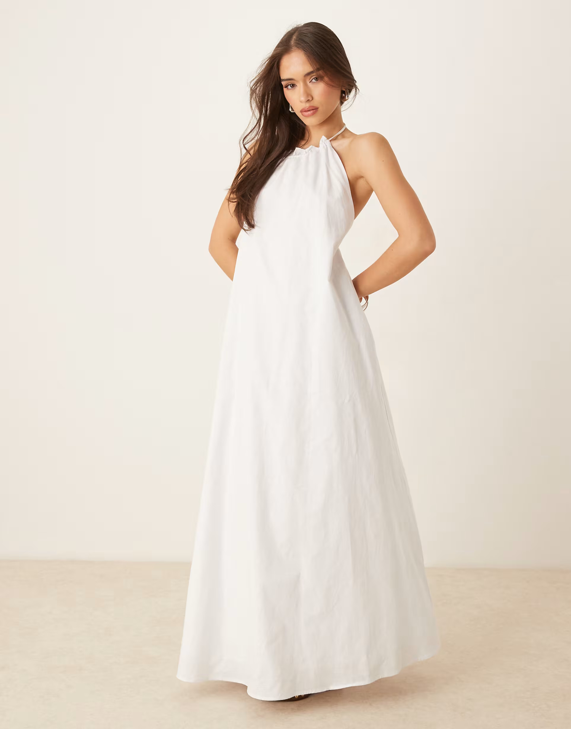 SNDYS poplin linen blend halterneck open back maxi dress in white | ASOS (Global)