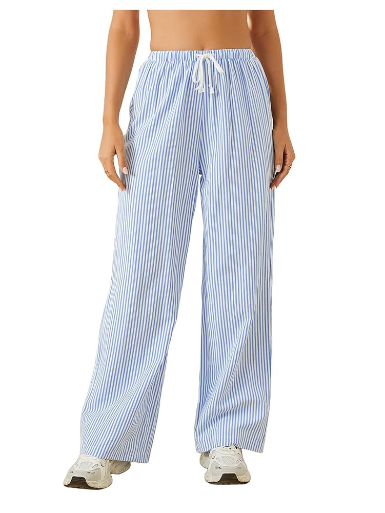 Women's Striped Print Straight Wide Leg Linen Pants Drawstring Waist Slant Pockets Pants Casual L... | Amazon (US)