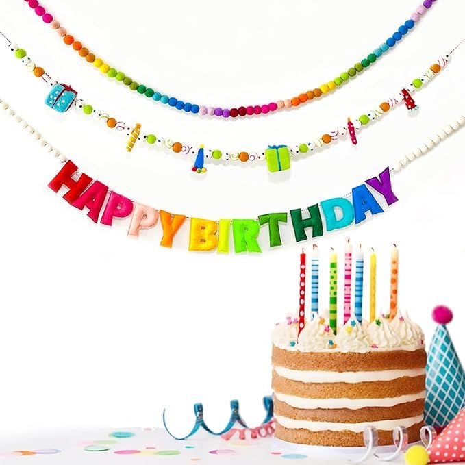 Pre-Strung Happy Birthday Banner - Felt Ball Garland - HAPPY BIRTHDAY Garland, Rainbow Birthday D... | Amazon (US)