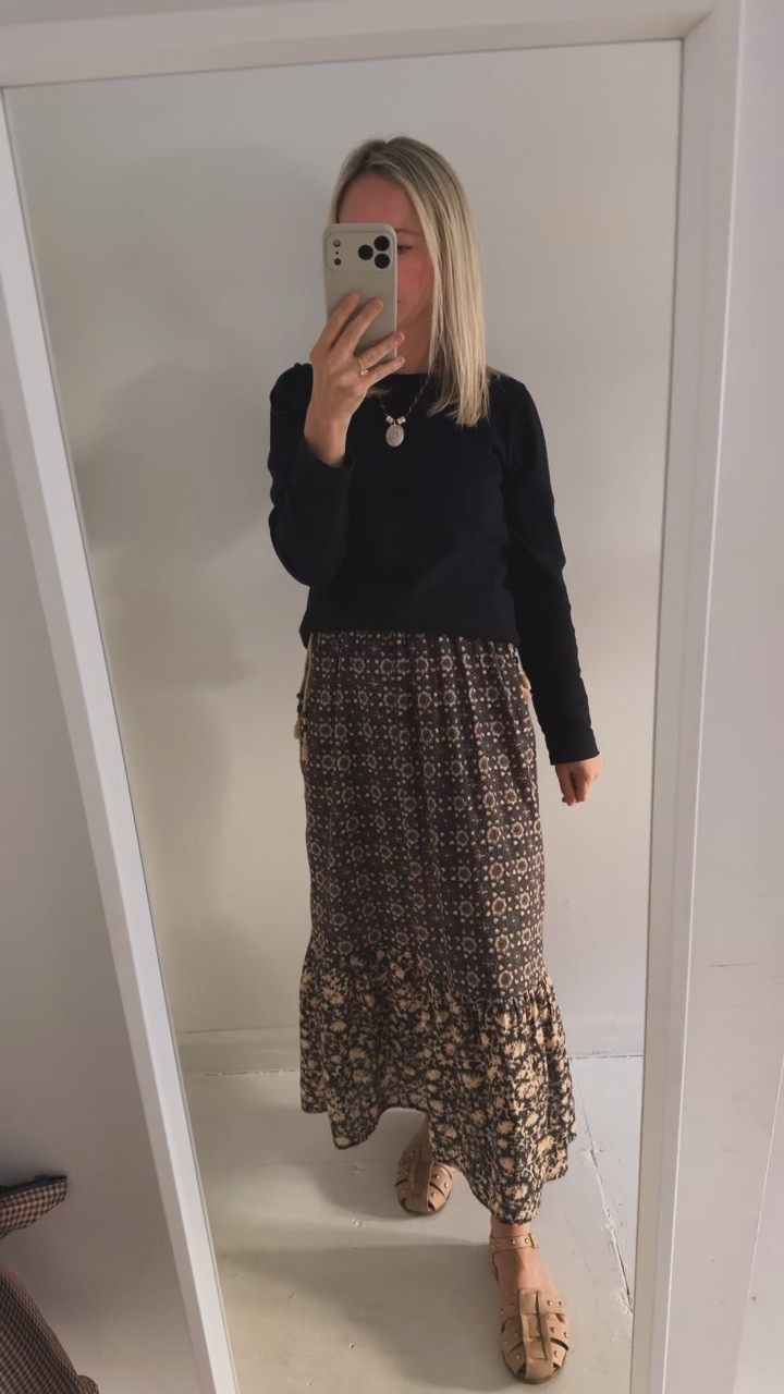 it’s not a skirt, it’s a maxi dress with a sweater thrown on top. i wear this dress year round. I’d size down.