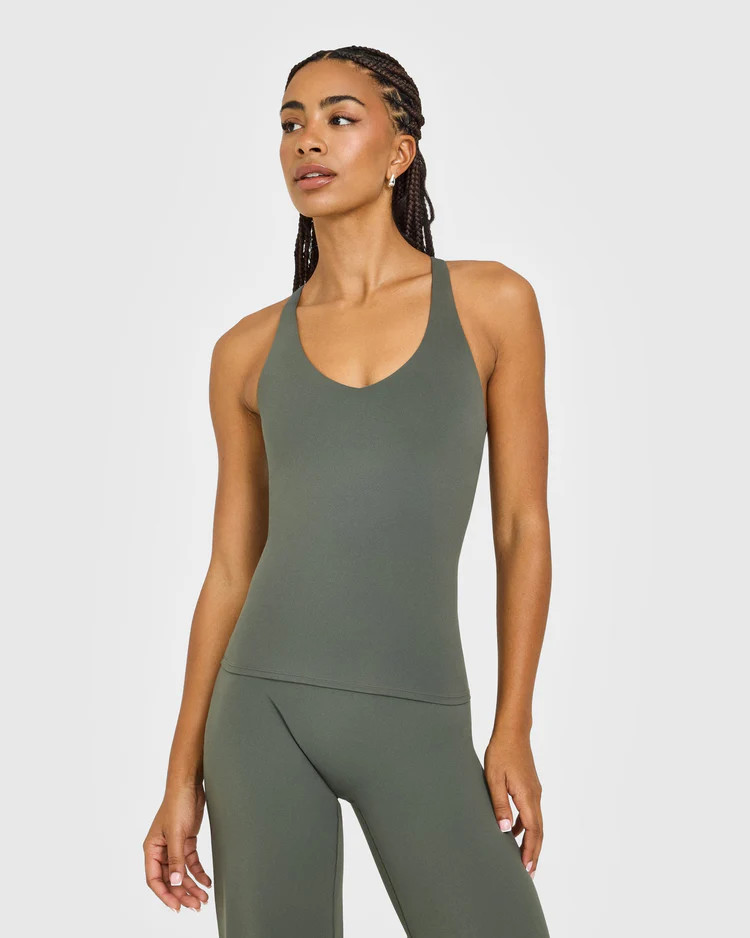SoftMotion™ Racer Back Tank Top with Built in Bra Shelf with White Logo 
 Dark Khaki | Oner Active (UK / US)