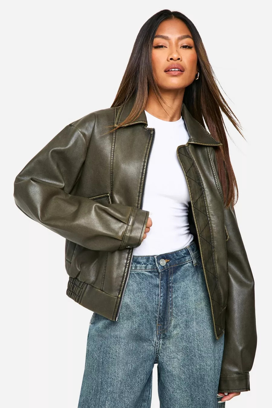Vintage Look Faux Leather Bomber Jacket | Boohoo.com (UK & IE)