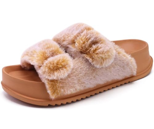 KuaiLu Women's Fluff Slippers Plantar Fasciitis Arch Support Platform Slippers Ladies Fashion Open Toe Faux Fur Sliders House Slipper, Khaki Size 10 | Amazon (US)