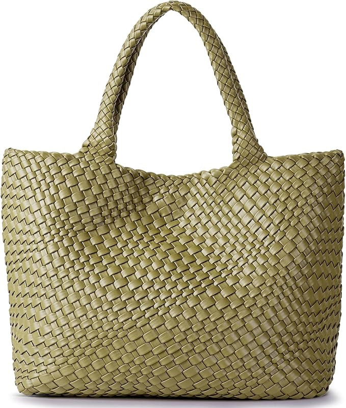 Woven Shoulder Bag for Women, Fashion Top Handle Soft Vegan Leather Shopper | Amazon (US)