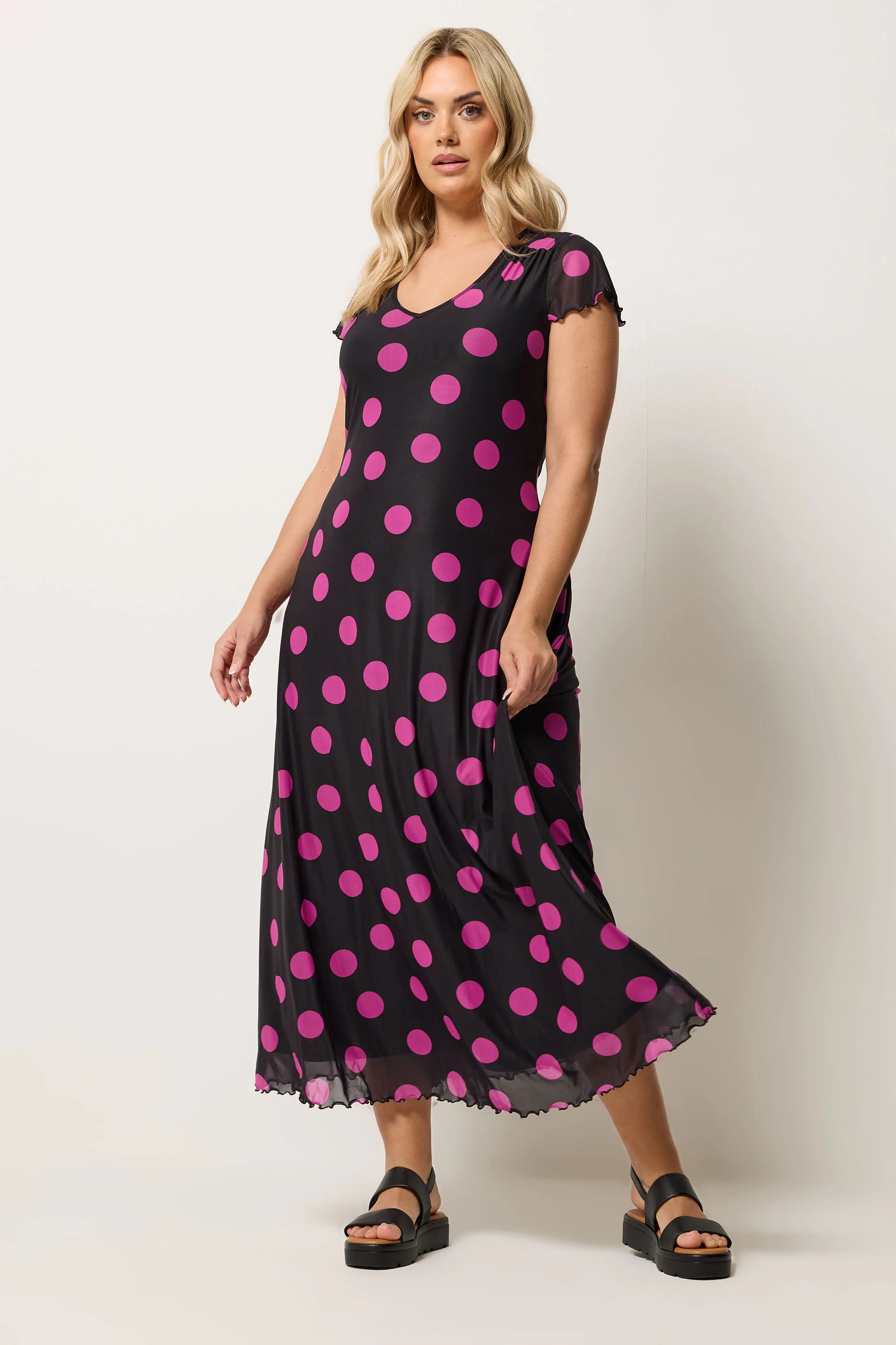 YOURS Plus Size Black & Pink Polka Dot Mesh Maxi Dress | Yours Clothing UK