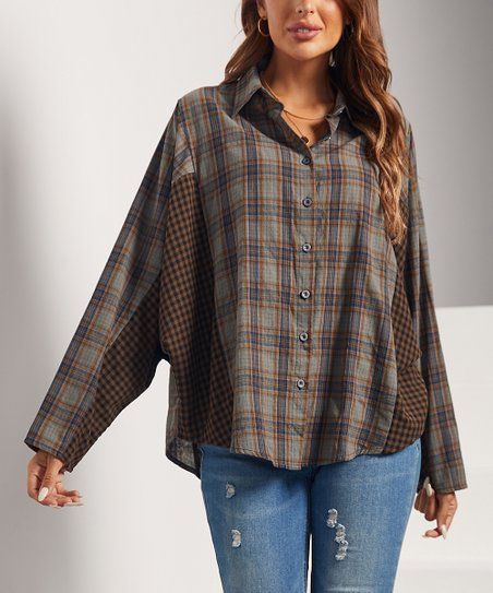 Suzanne Betro Weekend Dusty Blue & Mocha Plaid Dolman Button-Up - Women & Plus | Zulily