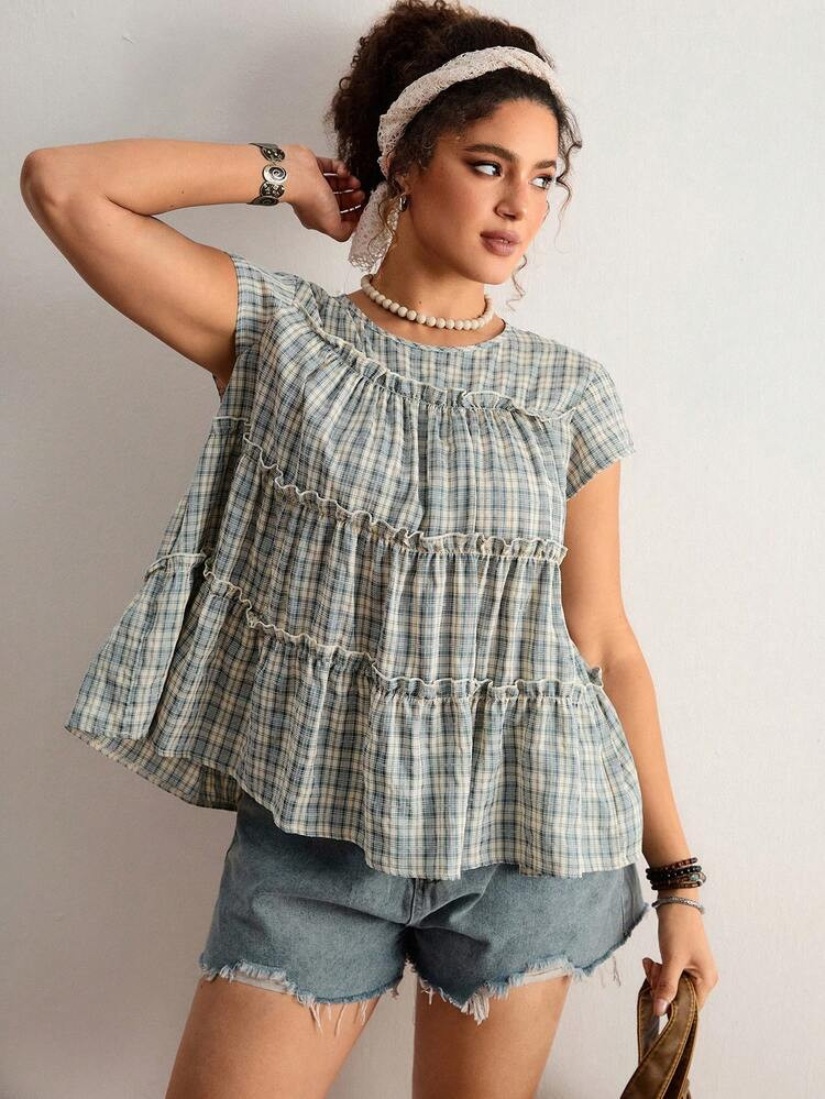 Freevana Plus Size Women's Vintage Peasant Casual Style | Blue And White Plaid Round Neck Sleevel... | SHEIN