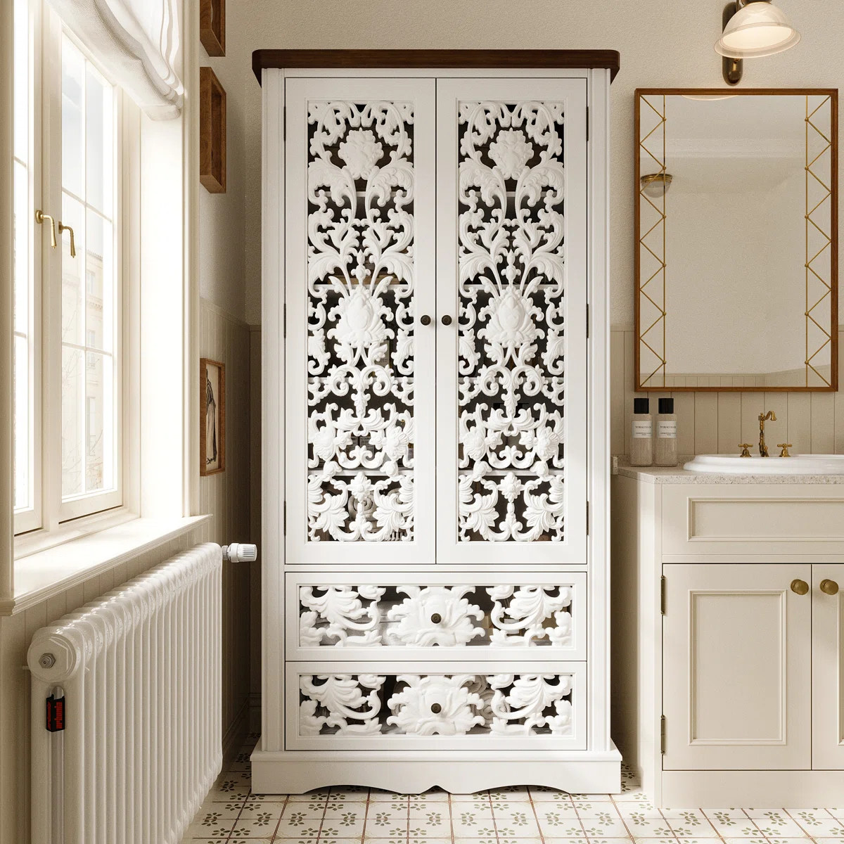 Elegant Two-Door Bathroom Cabinet With Cutout Panels & Dual Drawers | Wayfair North America