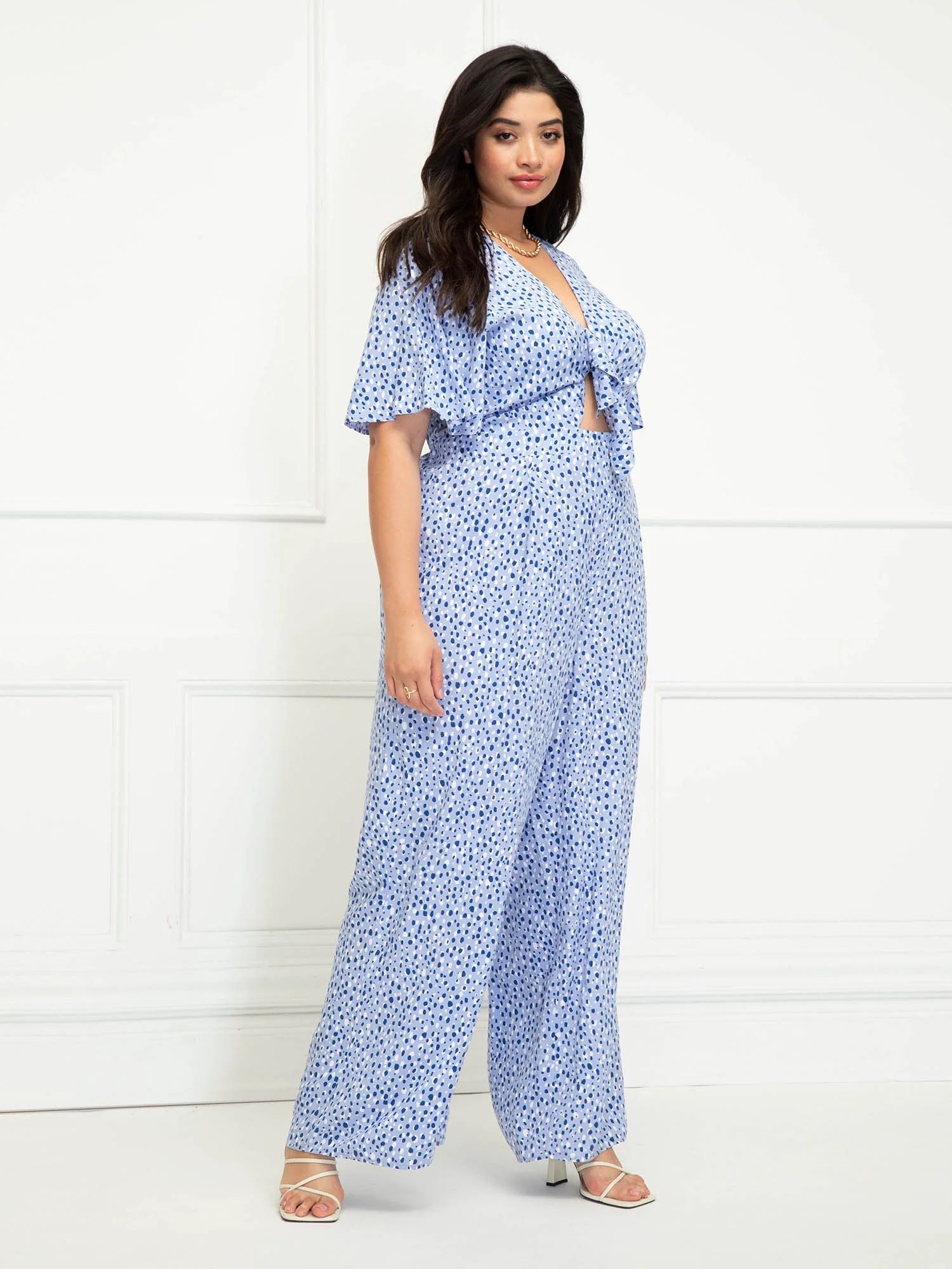 ELOQUII Elements Women's Plus Size Dot Print Jumpsuit with Flutter Sleeves | Walmart (US)