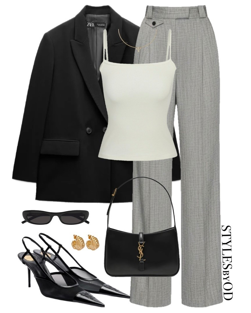 OFFICE CHIC ☕️🖤

Master the modern professional uniform with this sharp, minimalist ensemble. This look is all about the power of structural balance—pairing a structured black blazer with high-waisted grey tailored trousers to create a sophisticated and formal office aesthetic. Elevated with sleek mesh slingback heels, a classic YSL shoulder bag, and polished gold accents, it’s a timeless capsule staple for any workday.

#LTLstyletip # LTKfashion #workwear #casualchic #officewear

#LTKSeasonal #LTKWorkwear #LTKSaleAlert