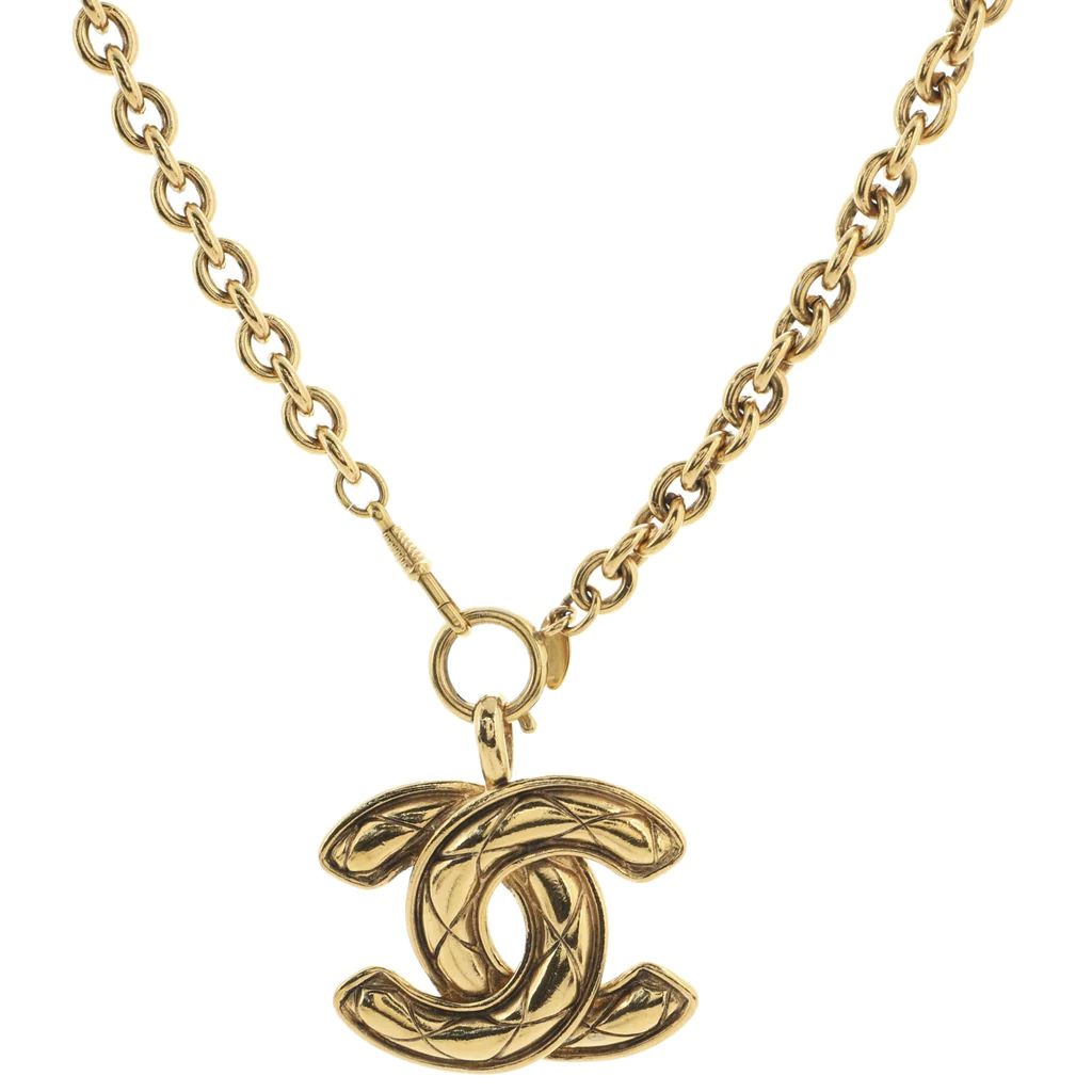 Chanel Vintage Quilted CC Pendant Necklace Metal Large Gold 12293819 | Rebag