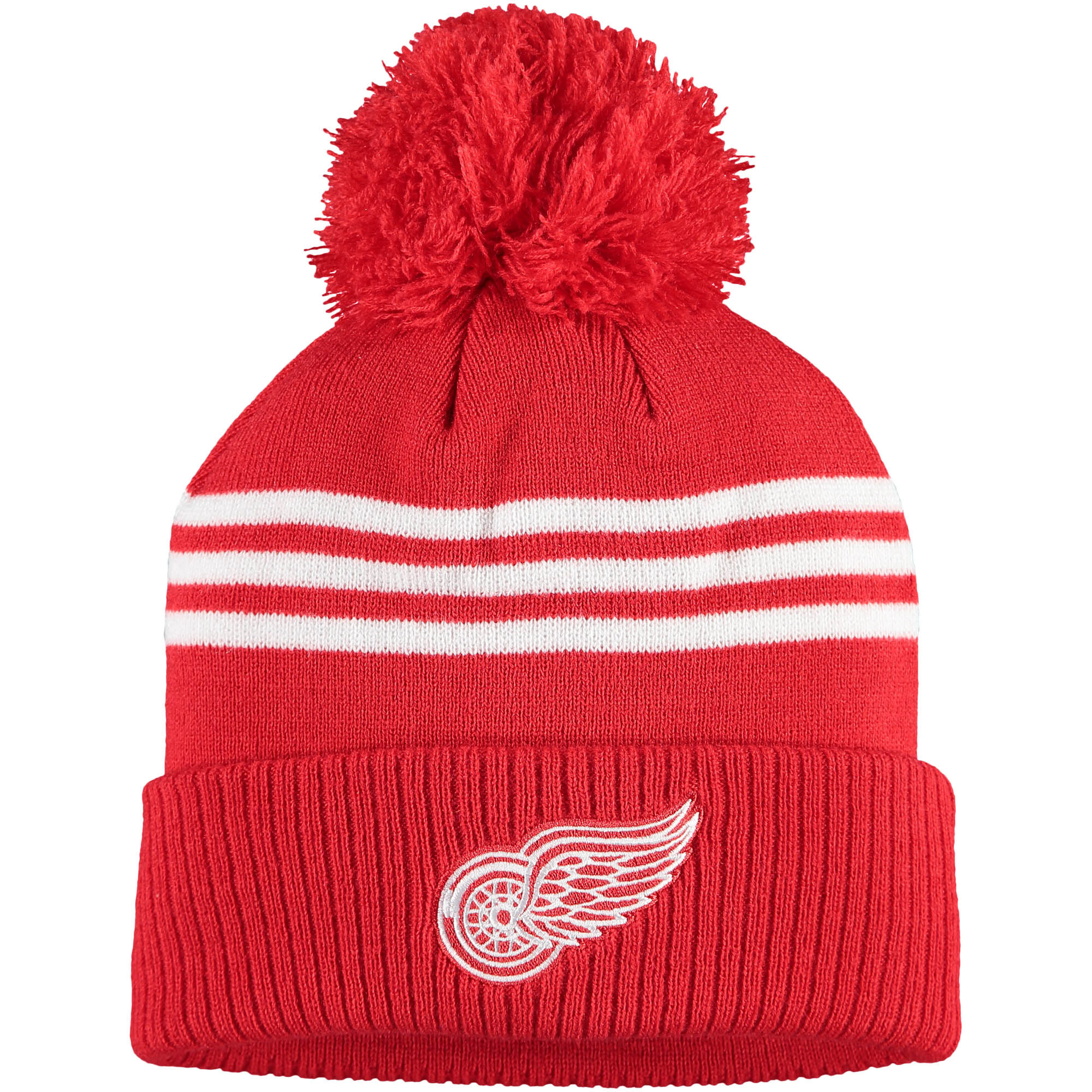 Men's Detroit Red Wings adidas Red Locker Room Three Stripe Cuffed Knit Hat with Pom | NHL Shop
