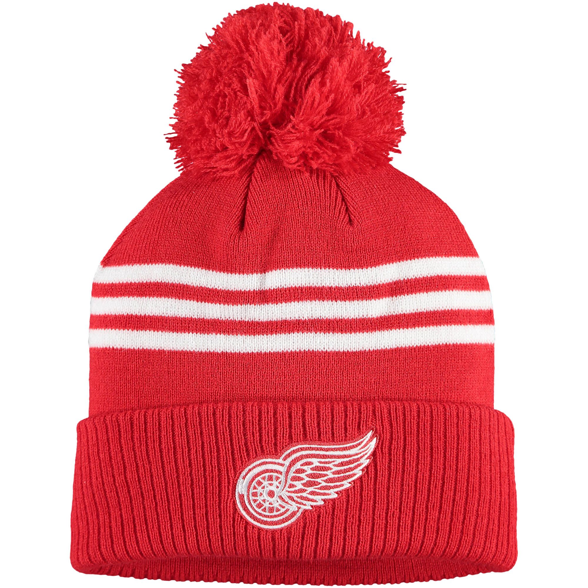 Men's Detroit Red Wings adidas Red Locker Room Three Stripe Cuffed Knit Hat with Pom | NHL Shop