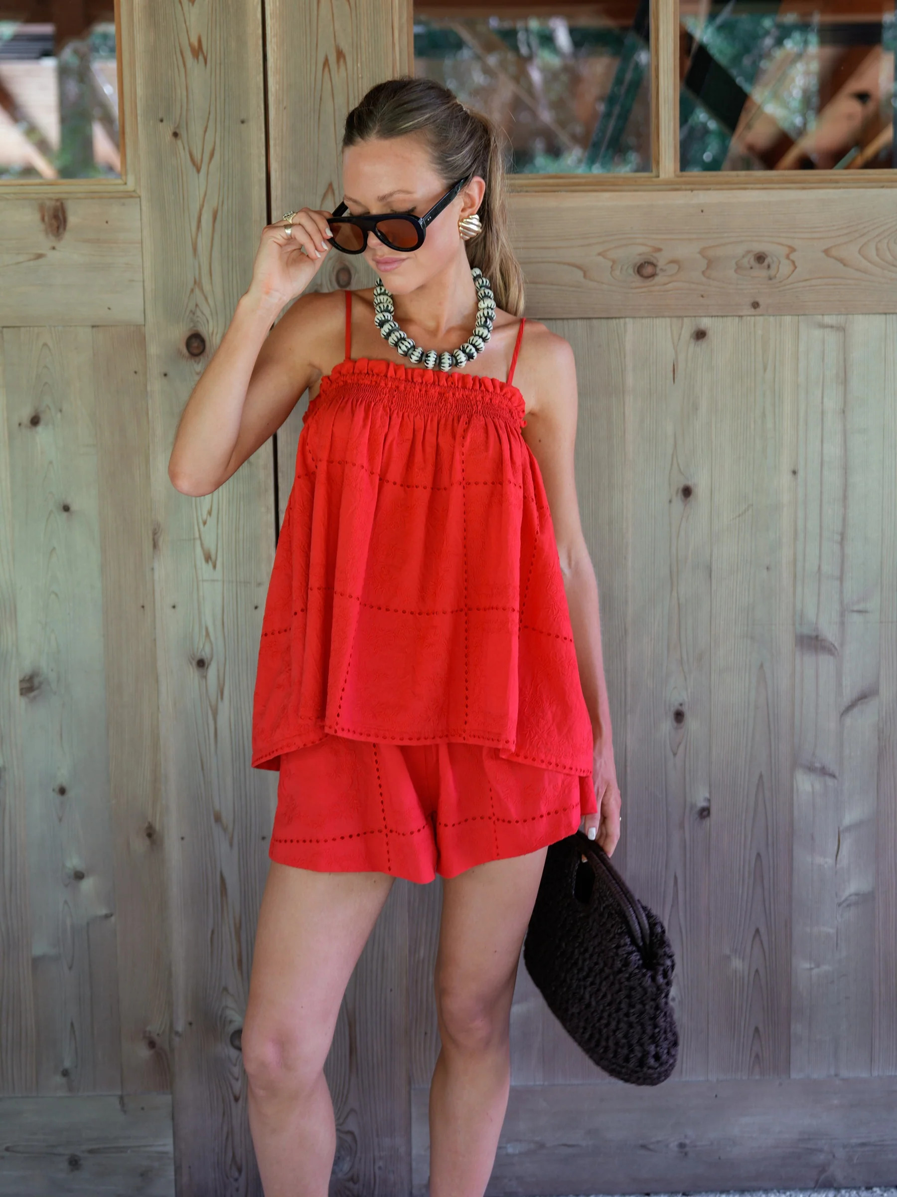 Stevie Set - Red Eyelet Grid | Darling Loungewear