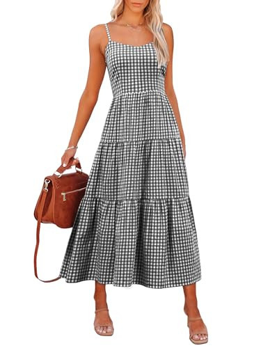 ANRABESS Womens Summer Midi Dresses Casual Striped Plaid Sleeveless Flowy Maxi Dress 2026 Beach Vacation Sundress Black White Plaid Large | Amazon (US)