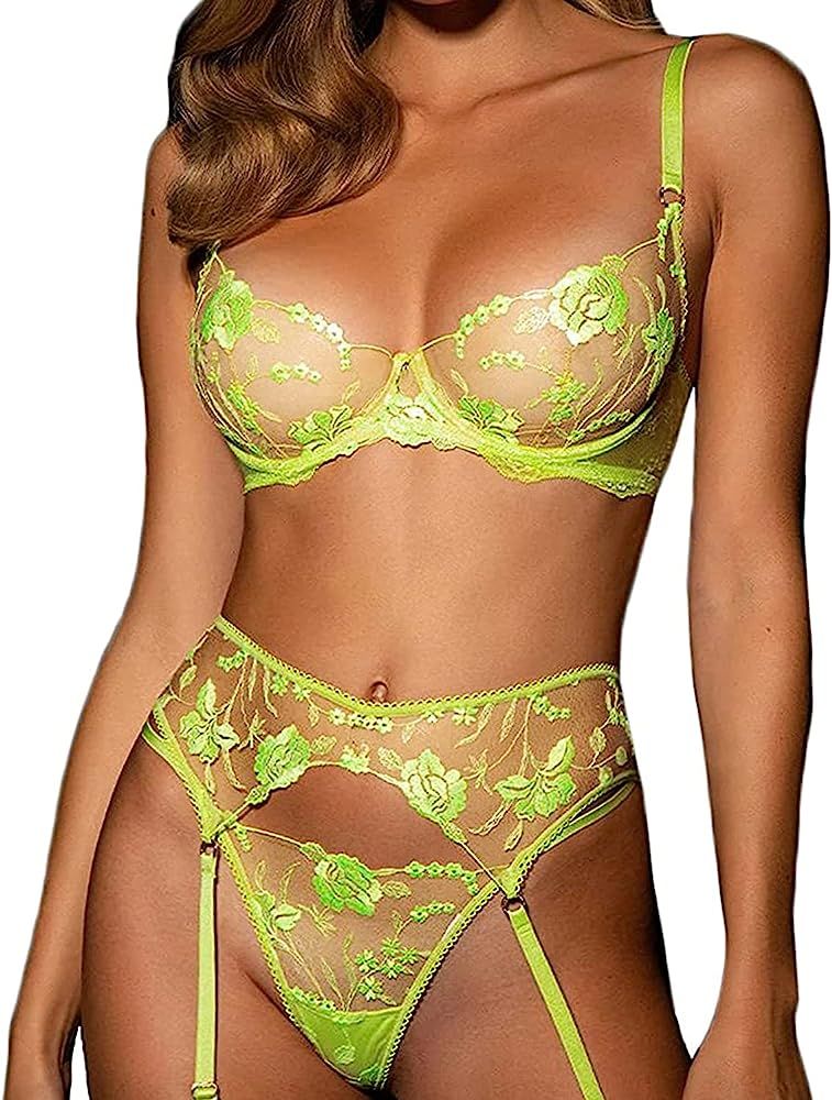 Women's Sexy Lace Lingerie Set Floral Mesh Bra and Panty Sets High Waisted Neon Lingerie Underwear | Amazon (US)