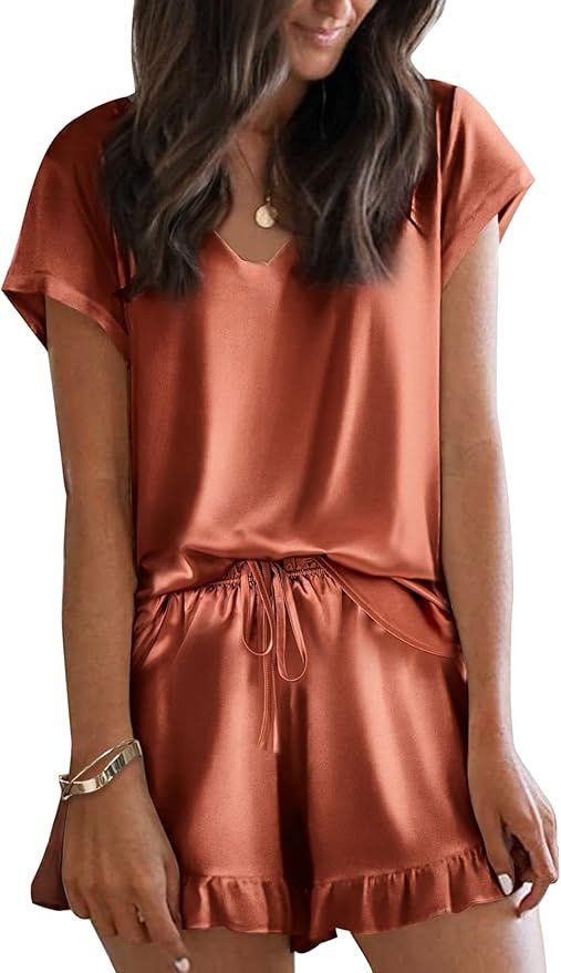 Ekouaer Satin Pajamas for Women Short Sleeve Silk Sleepwear Two Piece Pj Sets with Ruffled Shorts... | Amazon (US)