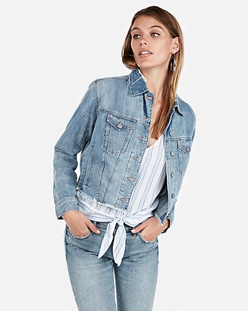 light wash destroyed denim trucker jacket | Express