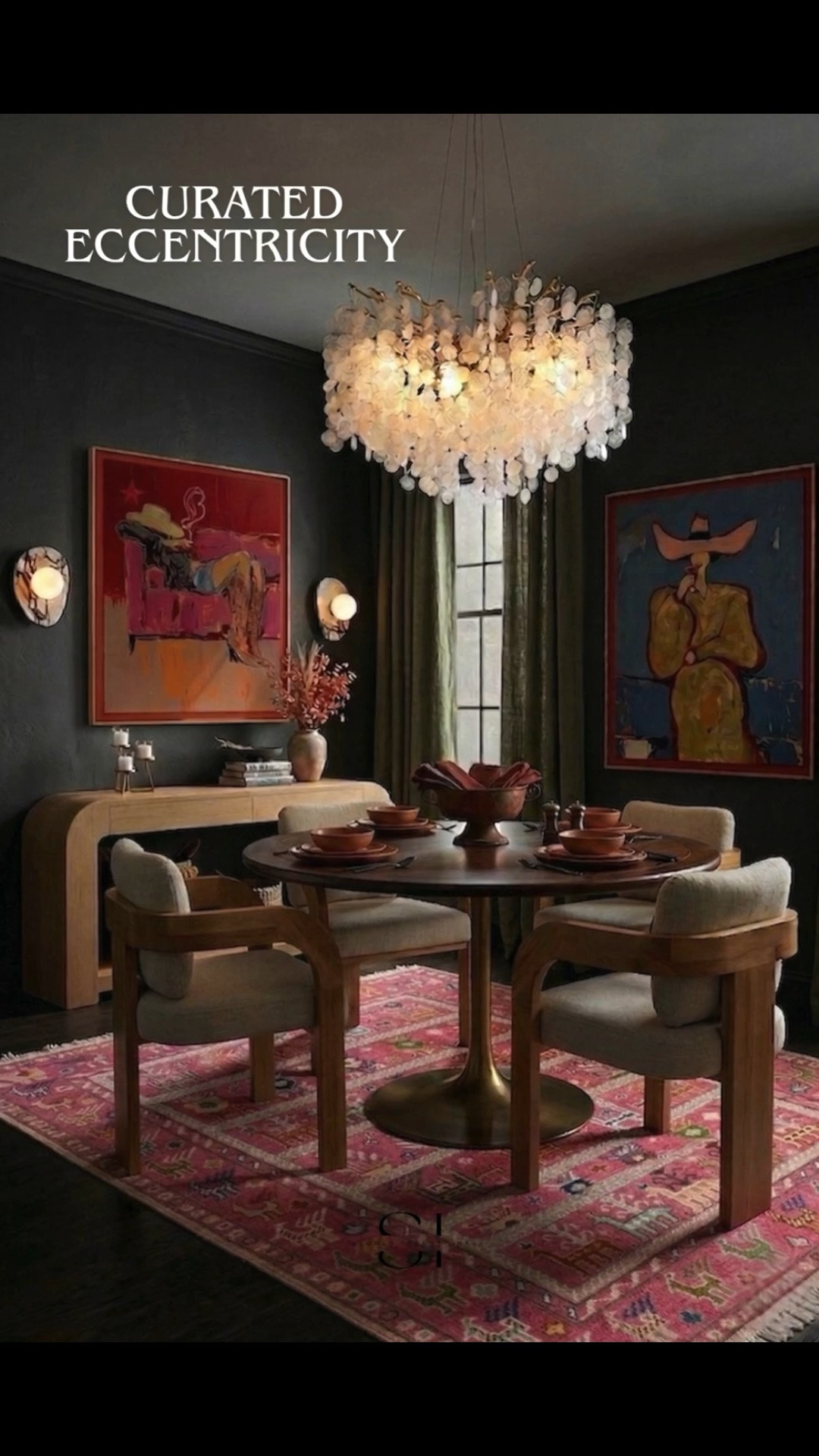 dark academia home, capiz shell chandelier, moody dining room, sculptural furniture, pink persian rug, eclectic interior design, mid-century modern pedestal table, avant-garde wall art, luxury home decor, velvet curtains, amazon home, amazon finds

#LTKHome