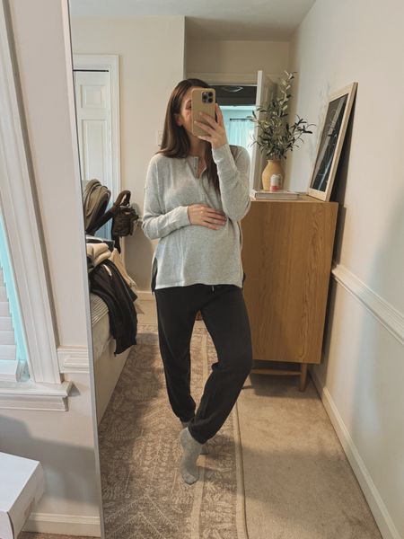 40 weeks preggo and loving all the aerie lounge pieces. these work well low rise under the bump and then higher rise when not pregnant.

S in sweats 
M in henley 