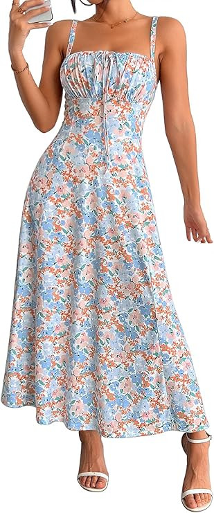 Women's Summer Midi Corset Boho Dresses Spring Casual Floral Spaghetti Straps Lace Up Dress Flowy... | Amazon (US)