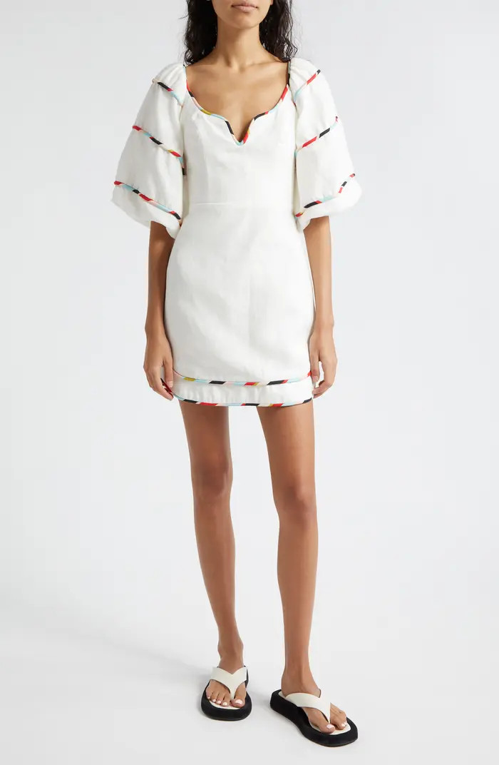 FARM Rio Stripe Trim Puff Sleeve Linen Minidress | Nordstrom | Nordstrom
