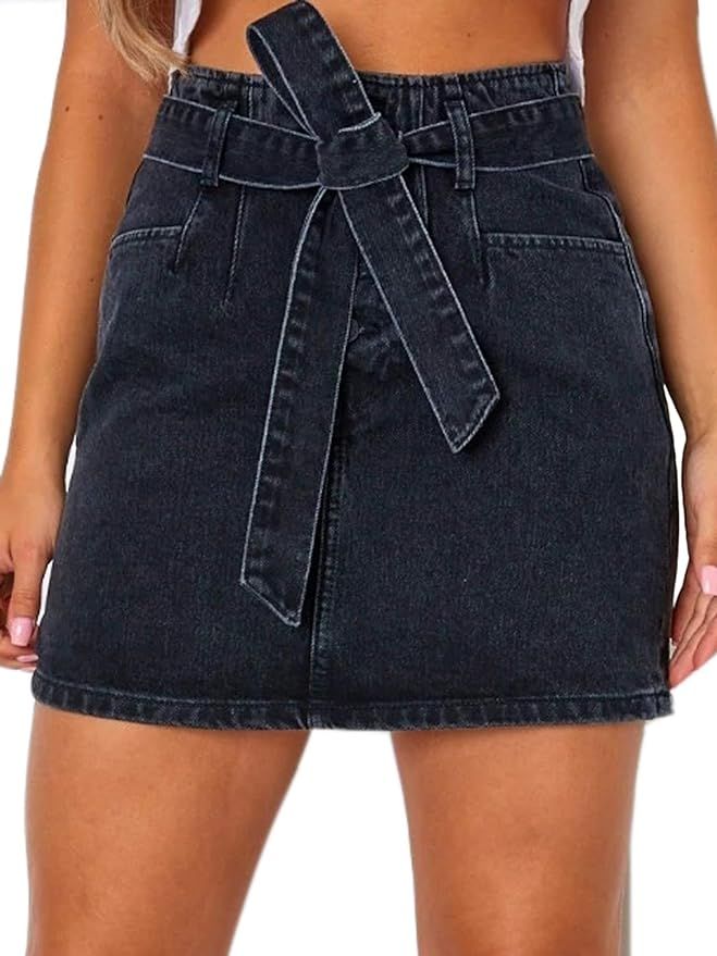 just quella Women's High Waisted Jean Skirt Fringed Slim Fit Denim Mini Skirt | Amazon (US)
