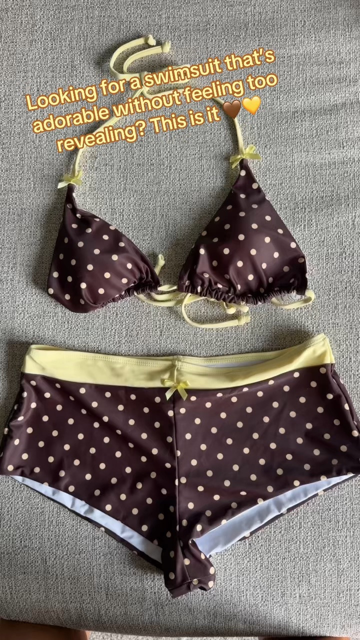 Cutest chocolate brown swimsuit with the butter yellow polka dots, bows and trim!  The boy short bottoms give a lil more coverage which is perfect 🤎💛 #bikini #polkadots #swimwear

#LTKootd #LTKSaleAlert #LTKSwim