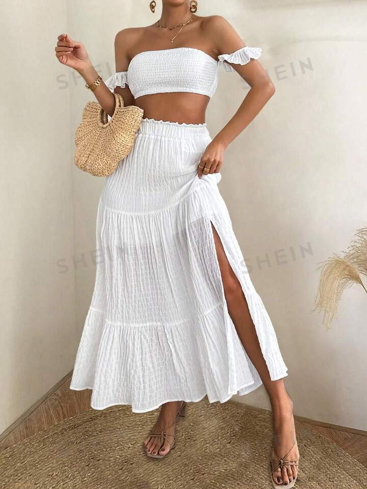 SHEIN VCAY Women's Off-Shoulder Shirred Crop Top And Slit Hem Skirt Set | SHEIN