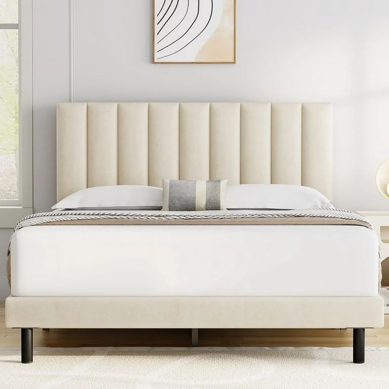 HAIIDE Queen Bed, Queen Platform Bed Frame with Upholstered Headboard, Beige | Walmart (US)