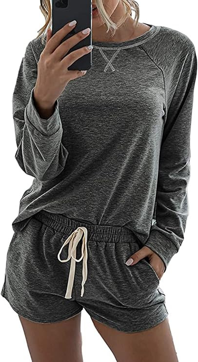 PRETTYGARDEN Womens 2 Piece Long Sleeve Tops With Lounge Shorts Sleepwear | Amazon (US)
