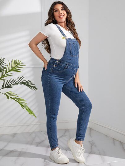 Maternity Patched Pocket Denim Overalls Without Tee
   SKU: sa2112233666300835      
          (4... | SHEIN