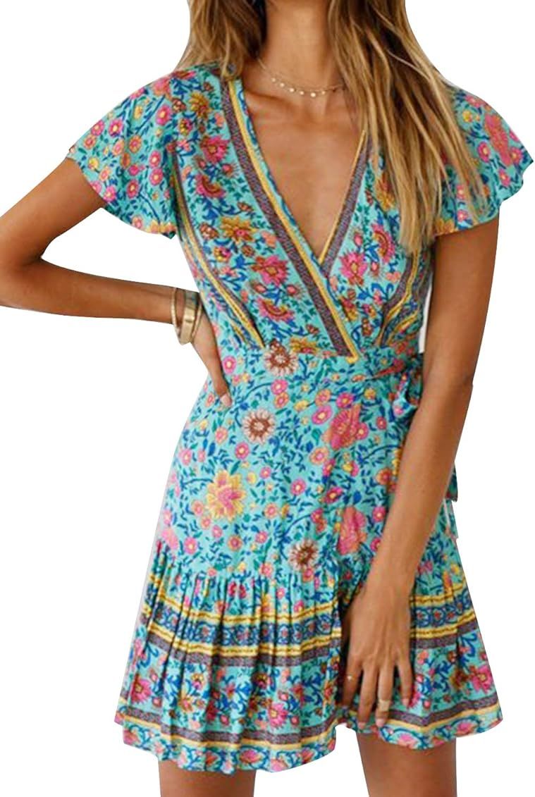 Relimuer Women’s Summer Dress Wrap V Neck Bohemian Floral Print Ruffle Swing A Line Beach Mini Dress | Amazon (US)