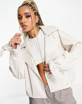 ASOS DESIGN faux leather moto jacket in neutral | ASOS (Global)