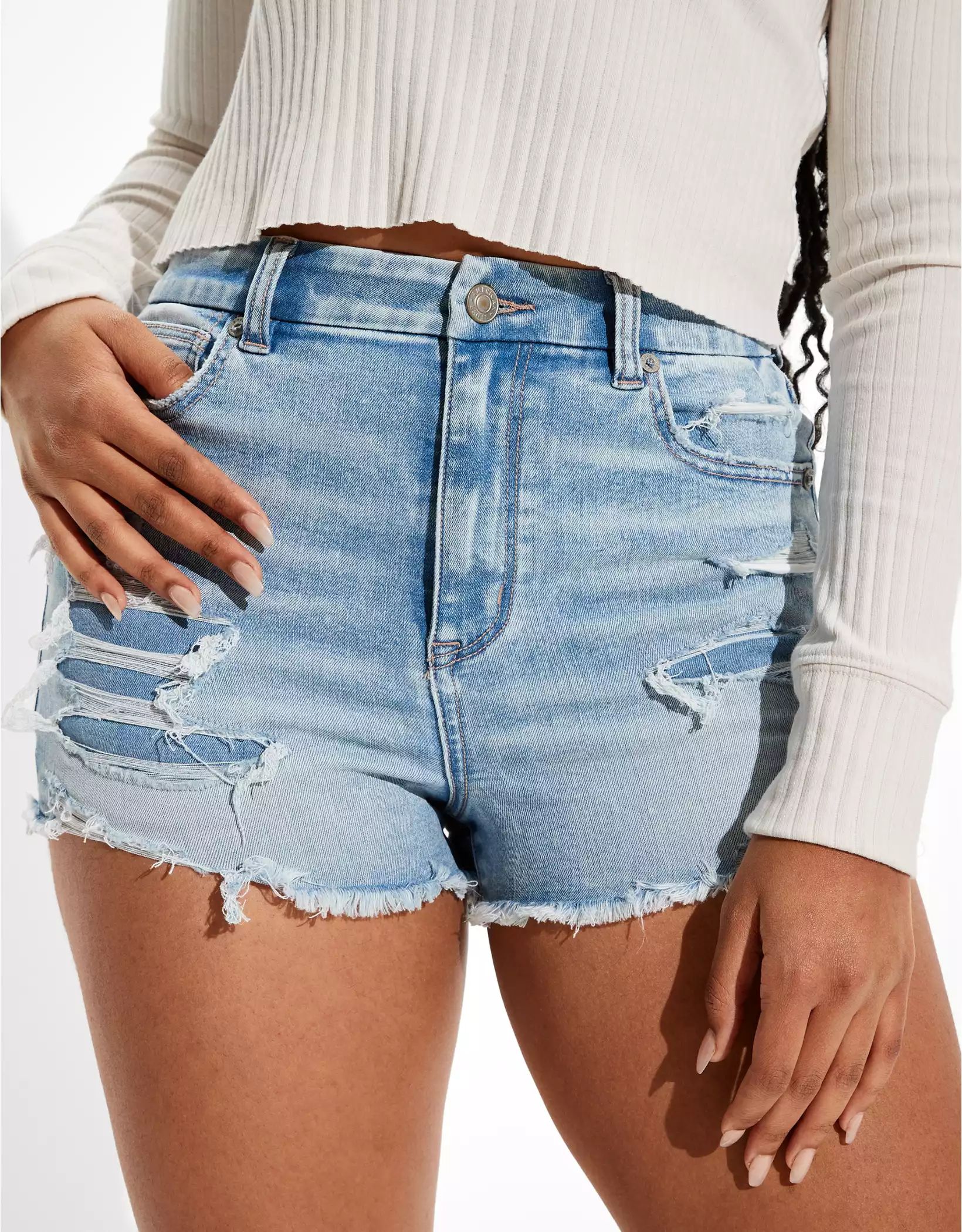 AE Ne(x)t Level Curvy High-Waisted Denim Short Short | American Eagle Outfitters (US & CA)