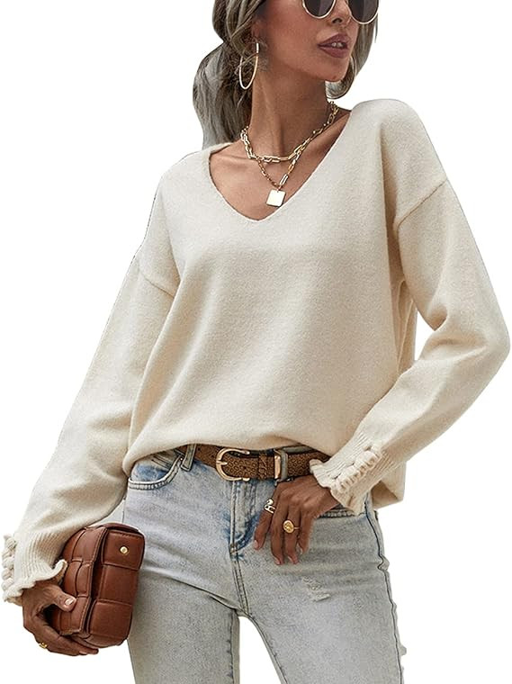 Amkoyam Women's Fall Winter Long Sleeve V Neck Knitted Sweaters Casual Loose Cuff Button Solid Co... | Amazon (US)