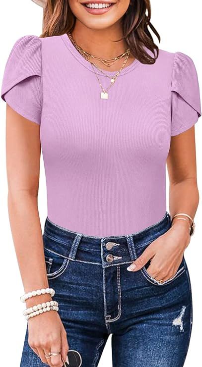 MIHOLL Women's Short Sleeve Shirt Round Neck Summer Casual Blouses Tops | Amazon (US)