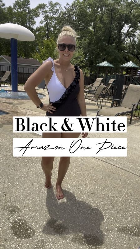 Amazon black & white one piece swimsuit. I'm wearing a size medium. 

#LTKtravel #LTKswim #LTKFind