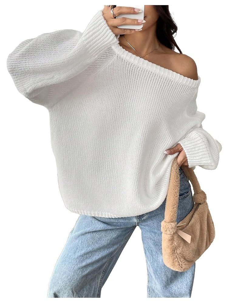 MakeMeChic Women's Off The Shoulder Fall Sweaters Long Sleeve Solid Color Soft Ribbed Knitted Pul... | Amazon (US)